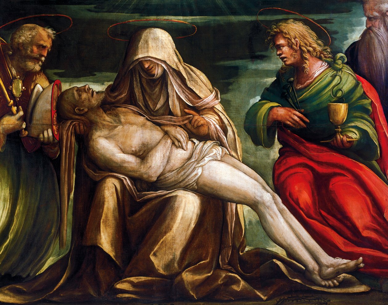 Aziz Mark, Ambrose, John the Evangelist, St. Anthony the Abbot ile Pieta, Amico Aspertini tarafından, 1519 dolaylarında, tuval üzerine tempera by Amico Aspertini