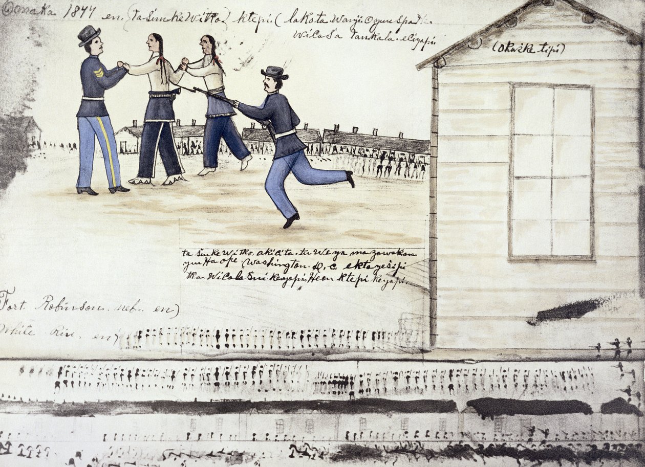 Crazy Horse'un (c.1842-77) 1877'de ölümü, Fort Robinson, Nebraska (kağıt üzerine mürekkep) by Amos Bad Heart Buffalo