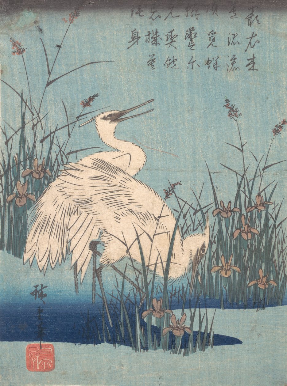 İris ve Otlarda Ak balıkçıl, ca. 1837., yaklaşık 1837. by Ando Hiroshige
