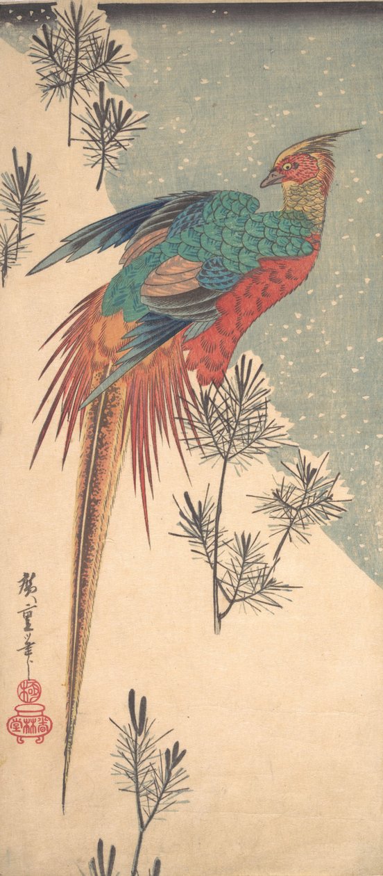 Karda Altın Sülün ve Çam Sürgünleri, ca. 1835., yaklaşık 1835. by Ando Hiroshige
