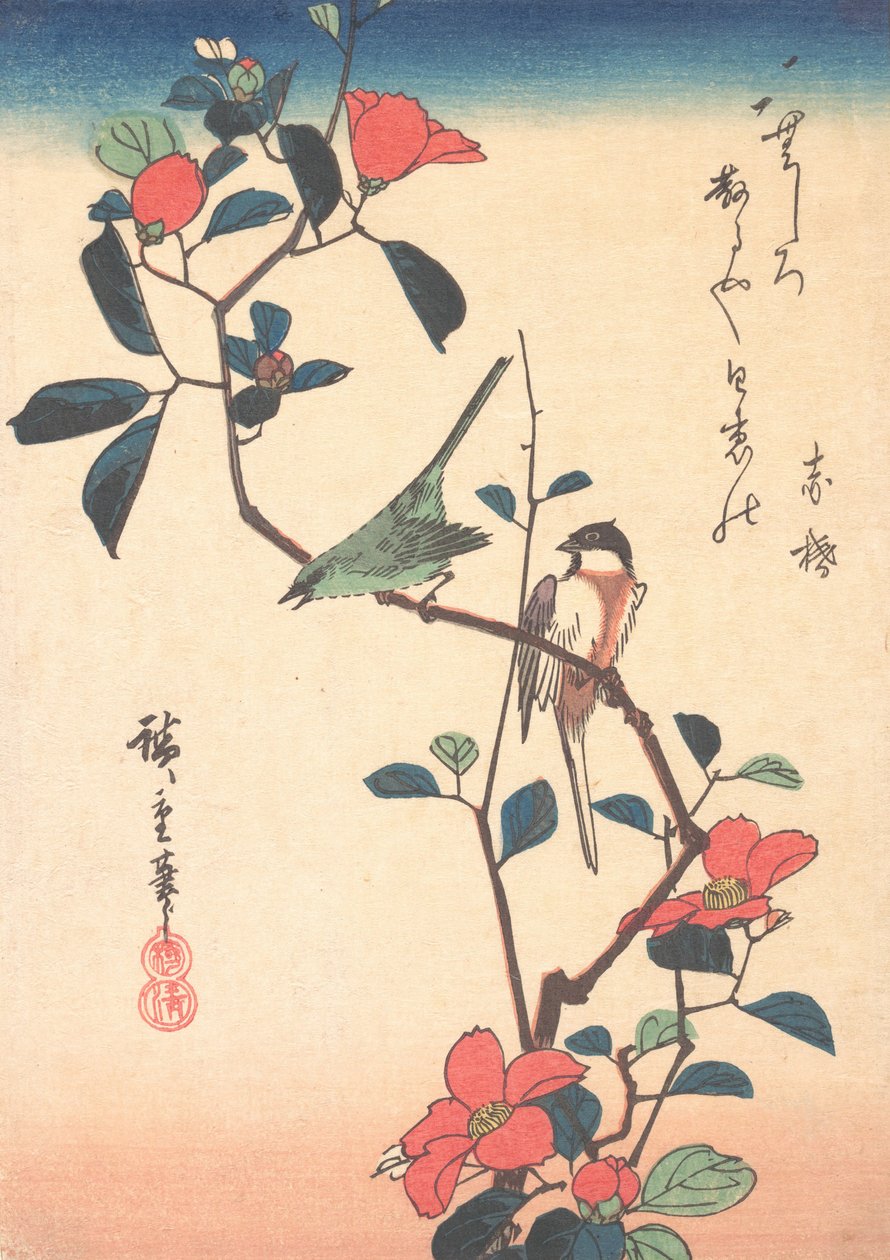 Bir Kamelya Dalında Japon Beyaz Göz ve Baştankara, yaklaşık. 1840., yaklaşık 1840. by Ando Hiroshige