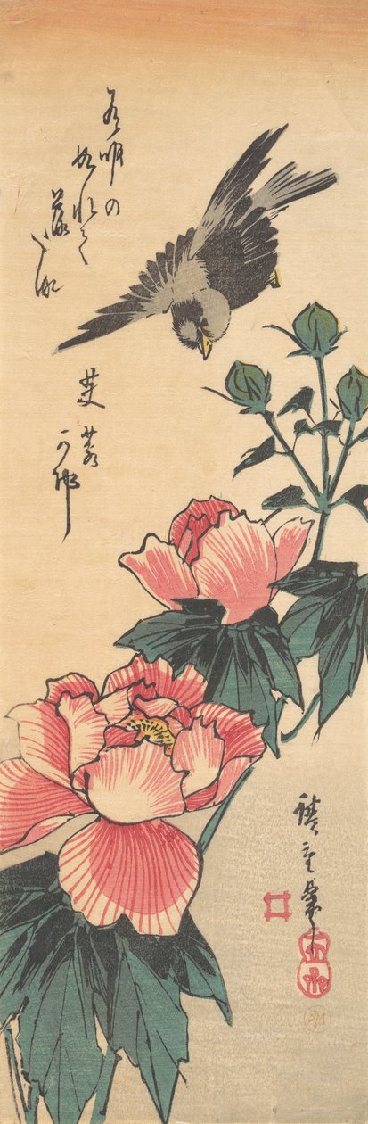 Serçe ve Hibiscus, ca. 1834., yaklaşık 1834. by Ando Hiroshige