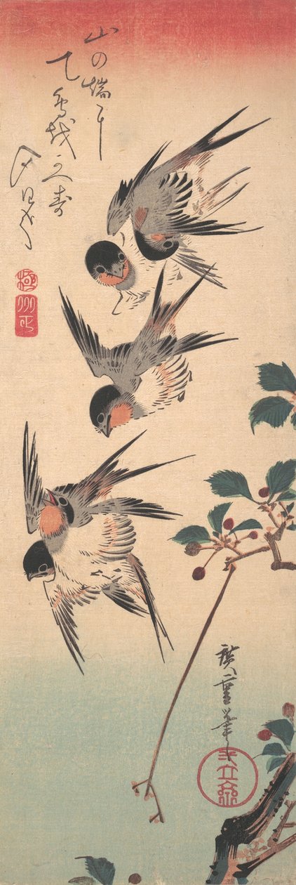 Kırlangıçlar ve Tomurcuklanan Yabani Kiraz, ca. 1835., yaklaşık 1835. by Ando Hiroshige