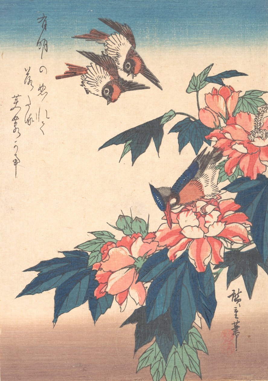 Gül Ebegümeci ile Kırlangıçlar ve Yalıçapkını , yaklaşık. 1838., yakl. 1838. by Ando Hiroshige