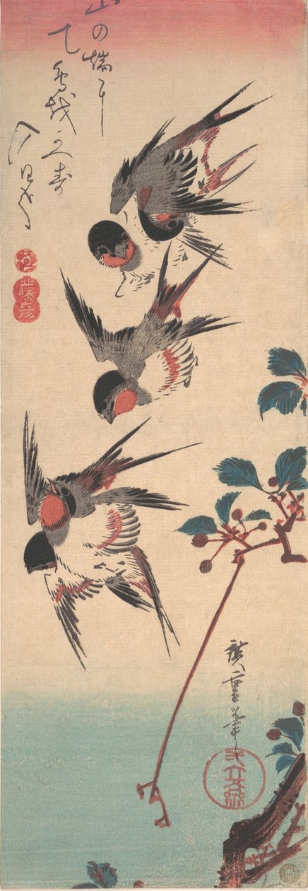 Kırlangıçlar ve Yabani Kiraz, ca. 1834., yaklaşık 1834. by Ando Hiroshige