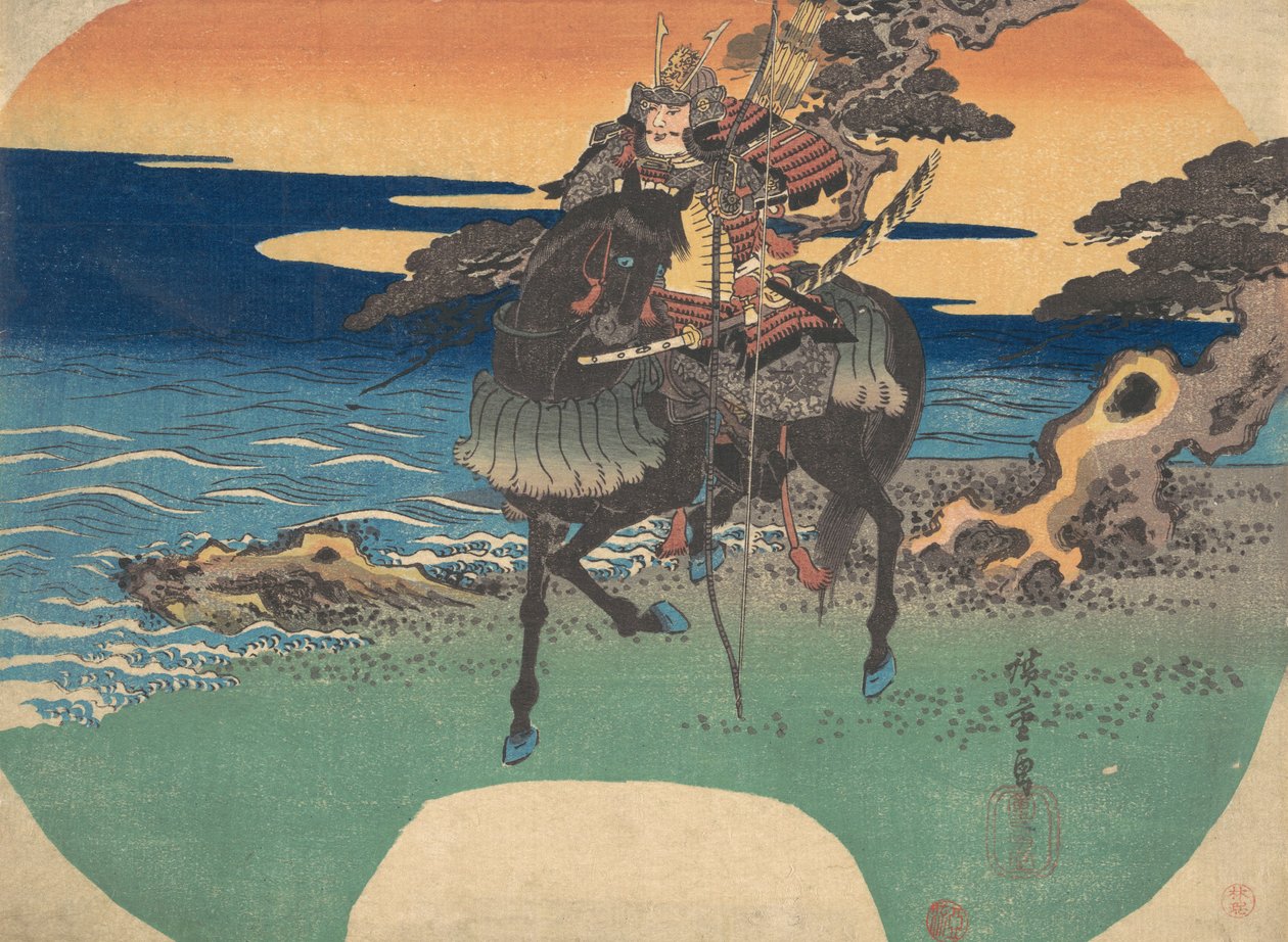 Deniz Kıyısında Kara Ata Binen Savaşçı, ca. 1835., yaklaşık 1835. by Ando Hiroshige