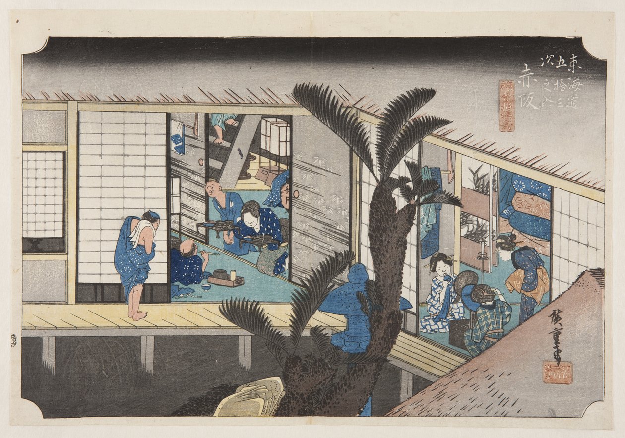 Akasaka: Inn with Serving Maids (Akasaka, ryosha sh?fu no zu) (colour woodblock print) by Ando or Utagawa Hiroshige