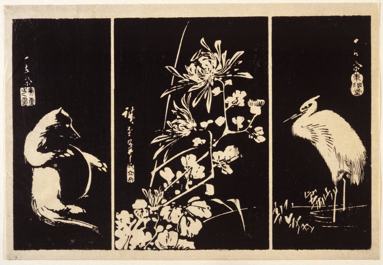 Porsuk, Krizantem Ve Turna by Ando or Utagawa Hiroshige
