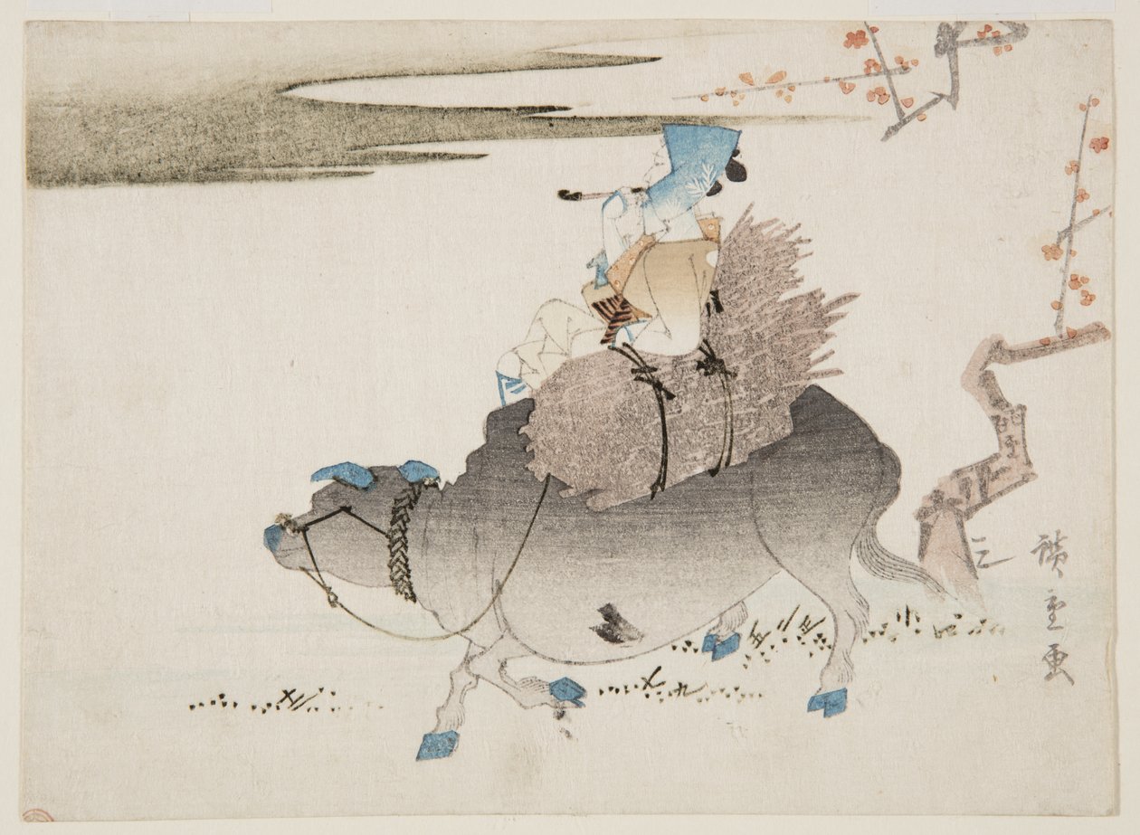 Cattleman ve bir inek (renkli tahta baskı) by Ando or Utagawa Hiroshige