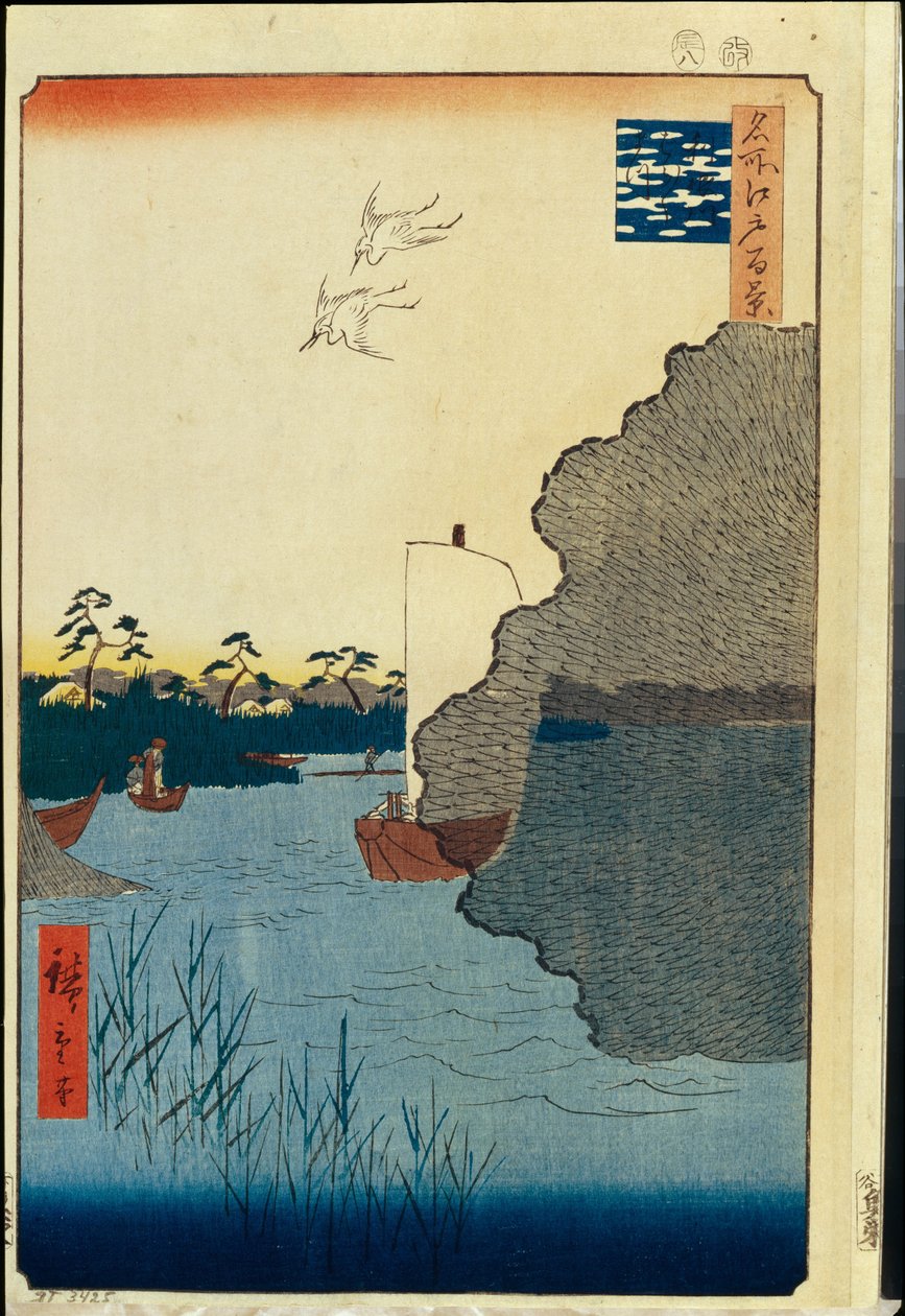 Cent vues celebres d'Edo : Tone Nehri üzerinde Dağınık Çamlar (Edo'nun Yüz Ünlü Manzarası) - Hiroshige, Utagawa (1797-1858) - 1856-1858 - Renkli gravür - Devlet İnziva Yeri, St. Petersburg by Ando or Utagawa Hiroshige
