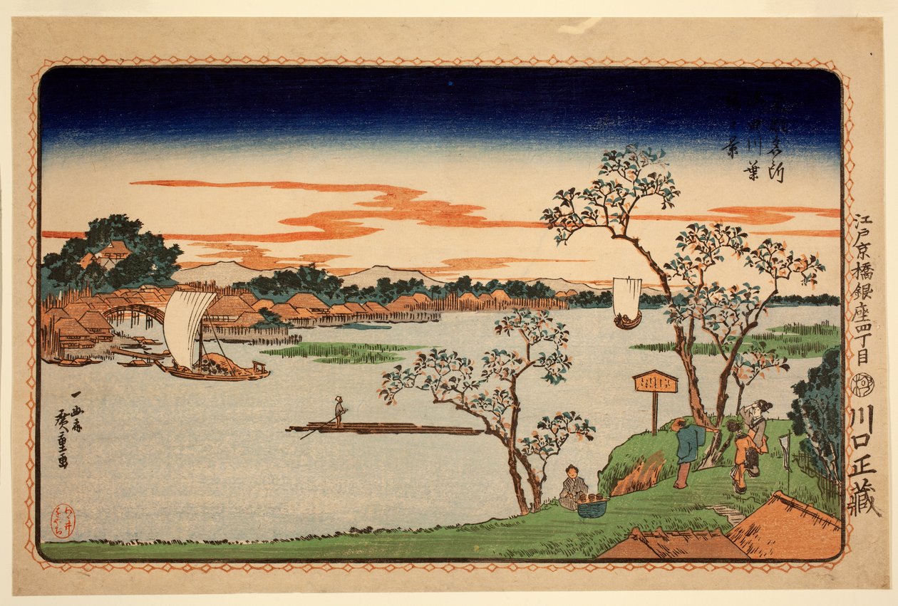Sumida Nehri Yanında Yapraklı Kiraz Ağaçları, Doğu Başkentindeki Ünlü Yerler serisinden, c.1831 (renkli tahta baskı) by Ando or Utagawa Hiroshige