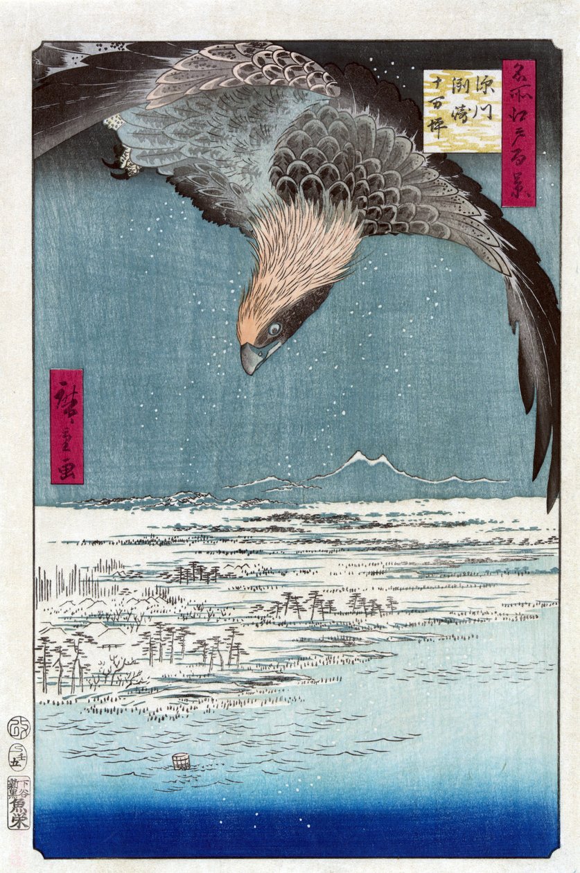 Estampe japonaise: La ova Juman Tsubo a Susaki, Fukagawa (Tokyo, Japon). Serie cent vues celebres d