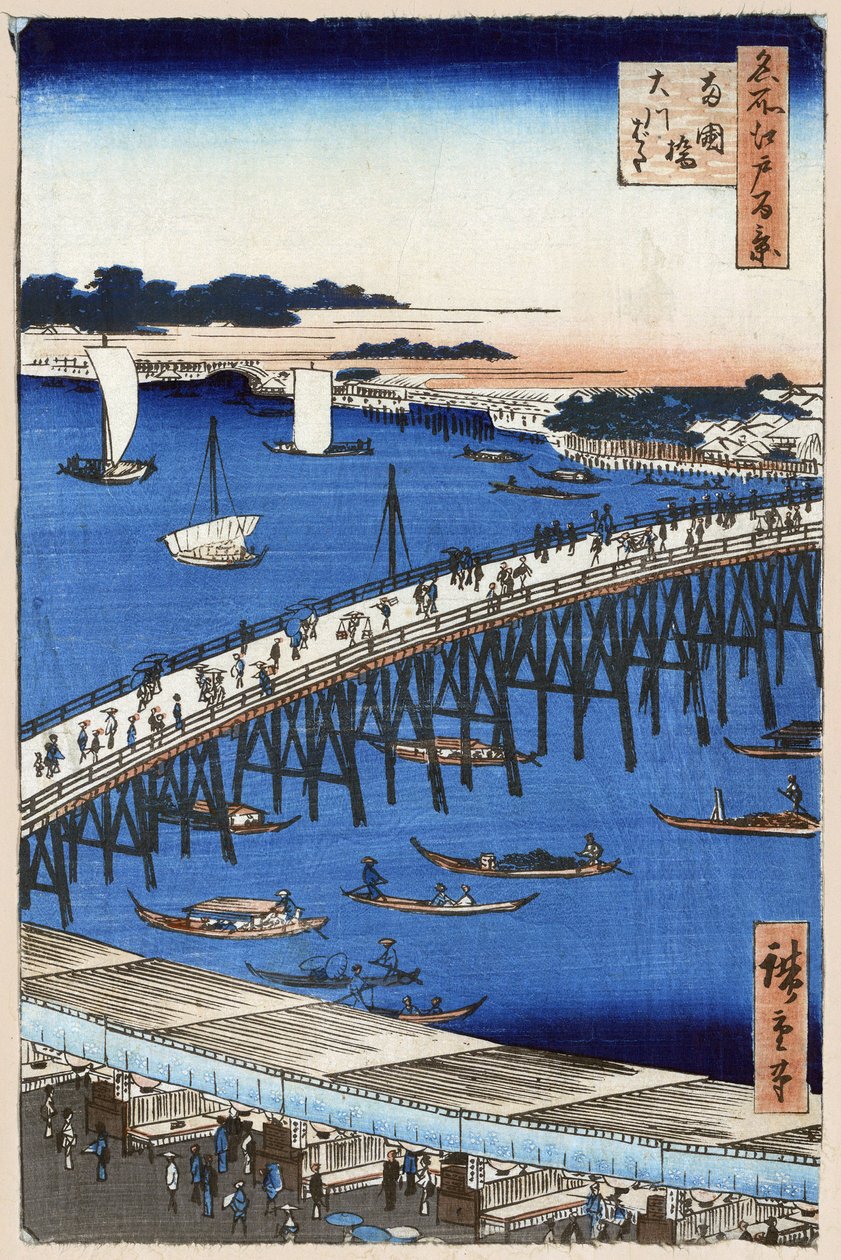 Japon tahta baskısı: Ryogoku köprüsünde nehir kıyısı (Tokyo, Japonya). Edo