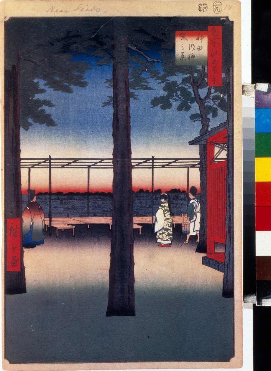 Japon tahta baskı: Kanda Myojin tapınağında şafak vakti (Tokyo, Japonya). Edo