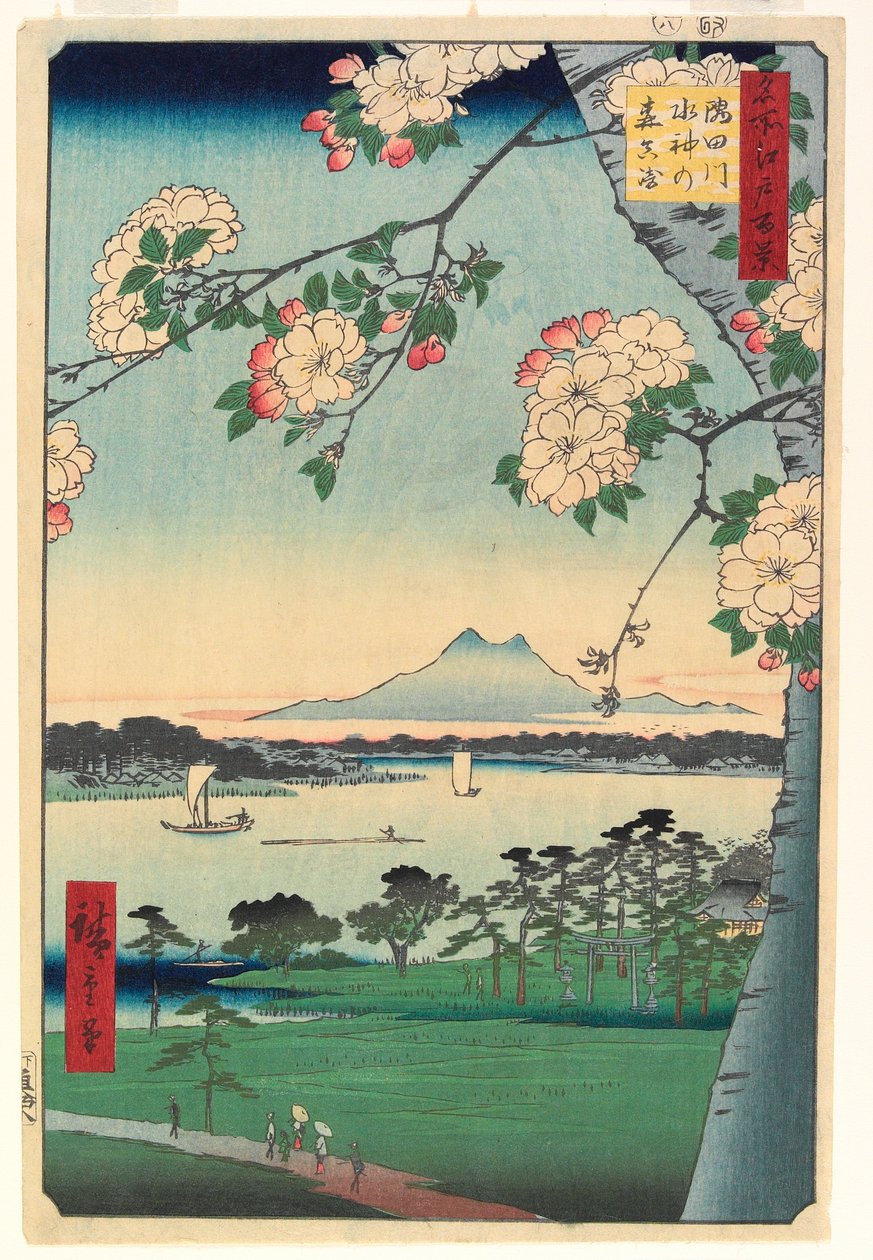 Sumida Nehri üzerindeki Suijin Tapınağı ve Masaki Ormanı, 1856, 8. ay by Ando or Utagawa Hiroshige