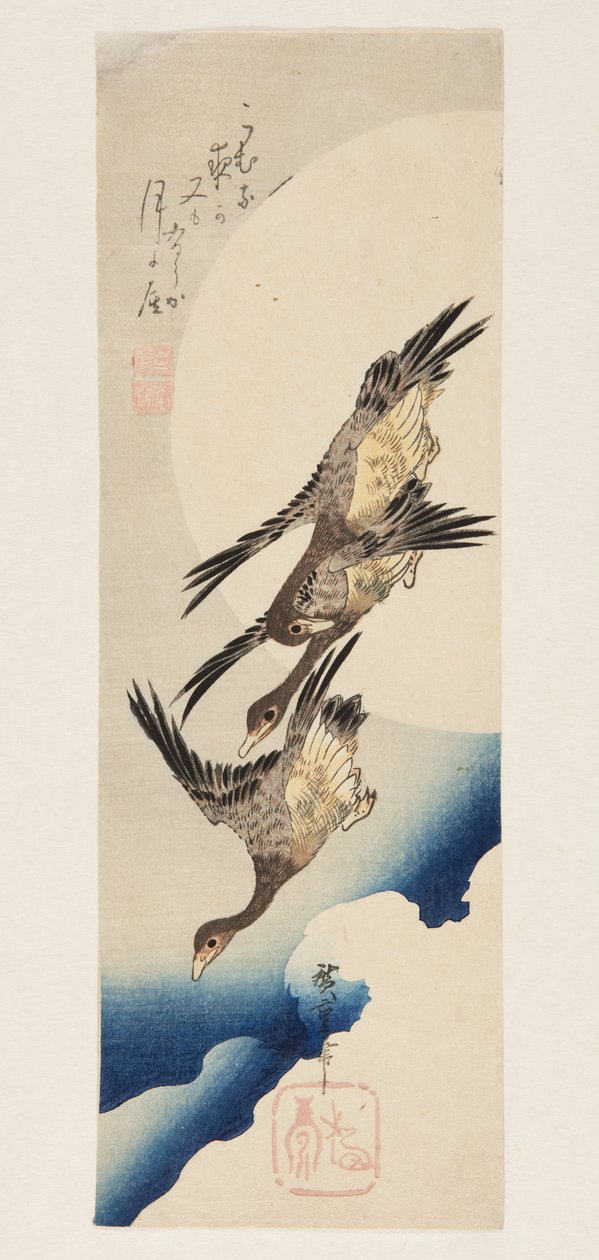Dolunayda Uçan Kazlar (renkli tahta baskı) by Ando or Utagawa Hiroshige