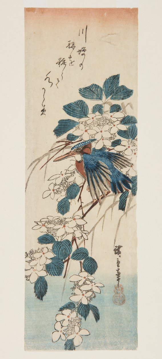 Kingfisher ve Viburnum (renkli tahta baskı) by Ando or Utagawa Hiroshige