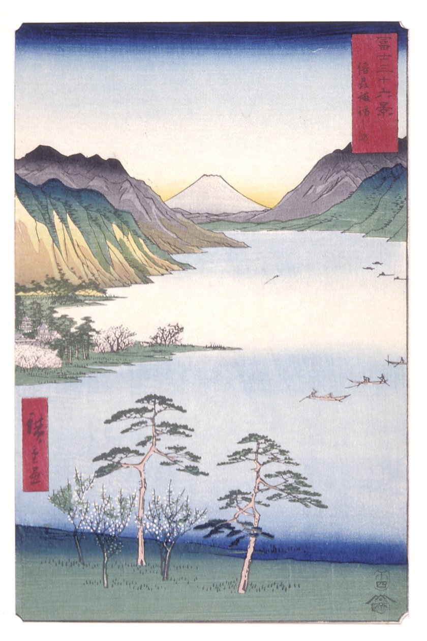 Shinano Eyaletindeki Suwa Gölü (Shinano Suwa No Ko) (renkli tahta baskı) by Ando or Utagawa Hiroshige