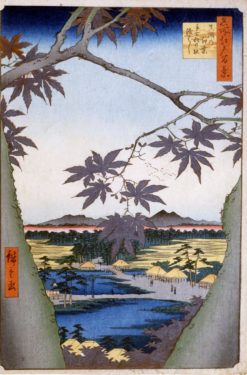 Maples to Mama, Tekona Tapınağı ve Tsugi Köprüsü ile. 1857. Katswshika (Utagawa) Hiroshige (1797-1858) tarafından yapılan baskılar. by Ando or Utagawa Hiroshige