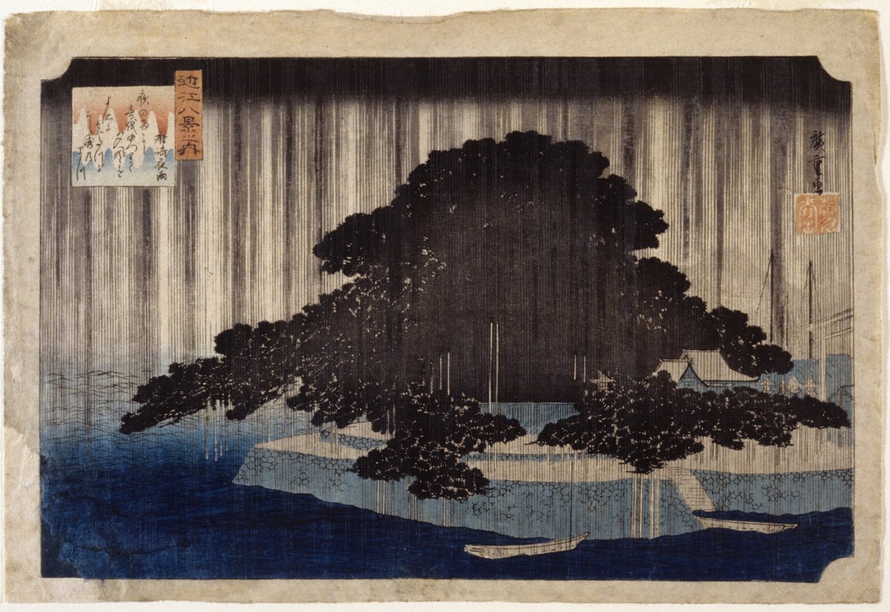 Karasaki'de Gece Yağmuru (renkli tahta baskı) by Ando or Utagawa Hiroshige