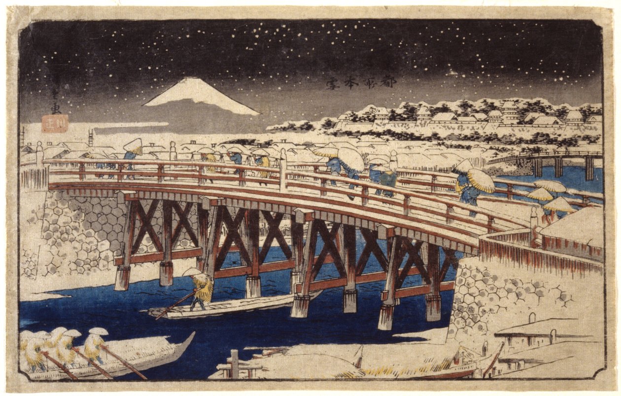 Karda Nihonbashi (renkli tahta baskı) by Ando or Utagawa Hiroshige