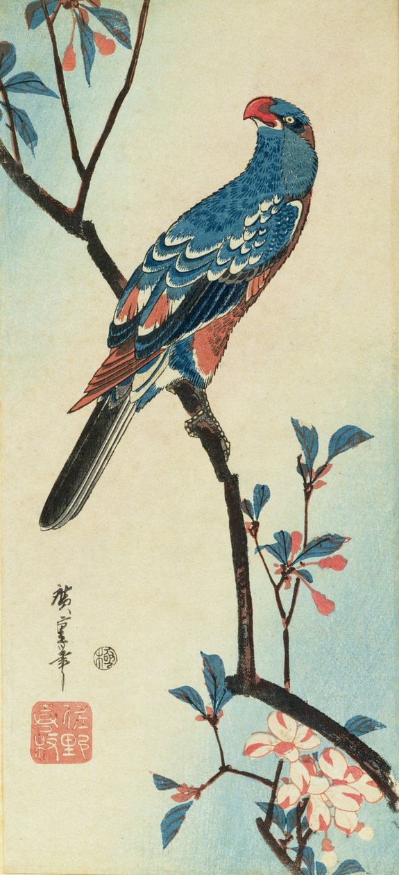Daldaki Papağan (tahta baskı) by Ando or Utagawa Hiroshige