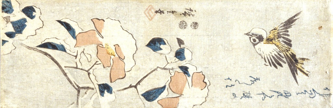 Serçe ve Karla Dolu Kamelya (renkli tahta baskı) by Ando or Utagawa Hiroshige