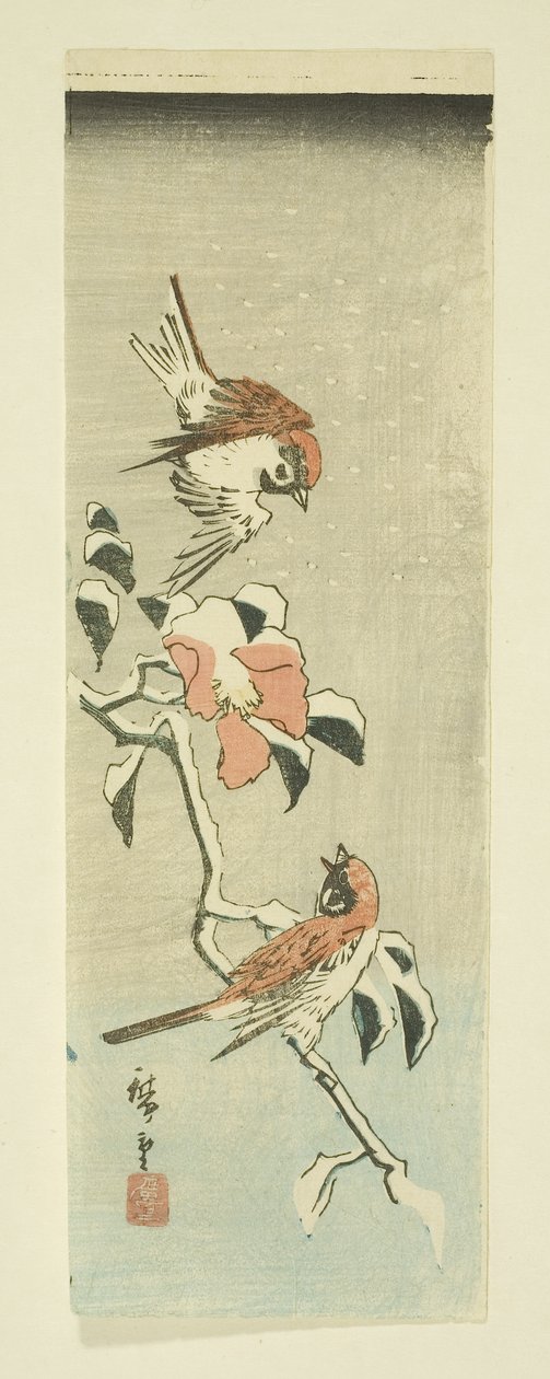 Karda Serçeler ve Kamelya (renkli tahta baskı) by Ando or Utagawa Hiroshige