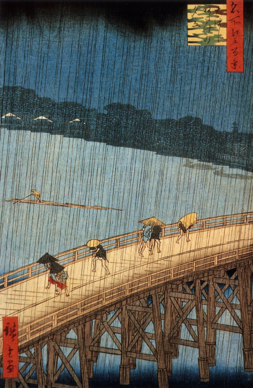 Japonya'daki Ohashi Köprüsü'ndeki Ani Sağanak (yudashi), Ando Hiroshige'nin gravürü by Ando or Utagawa Hiroshige