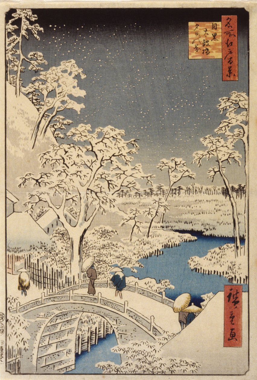 Meguro'da Taiko Köprüsü ve Gün Batımı Tepesi (renkli tahta baskı) by Ando or Utagawa Hiroshige