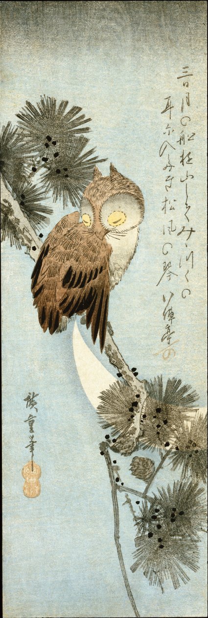 Çam Dallarına Tünemiş Hilal Ve Baykuş by Ando or Utagawa Hiroshige