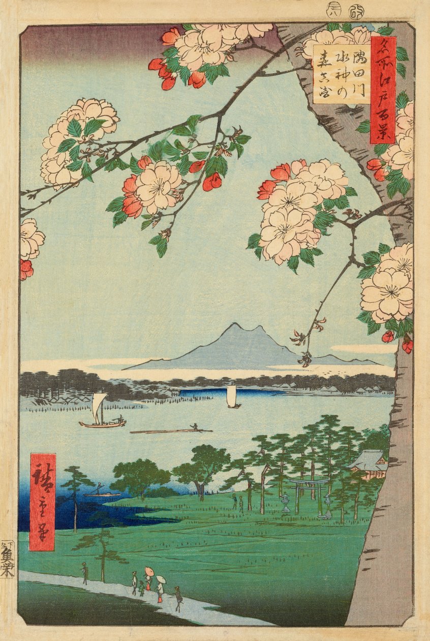 Sumida Nehri üzerindeki Suijin Ormanı ve Massaki by Ando or Utagawa Hiroshige