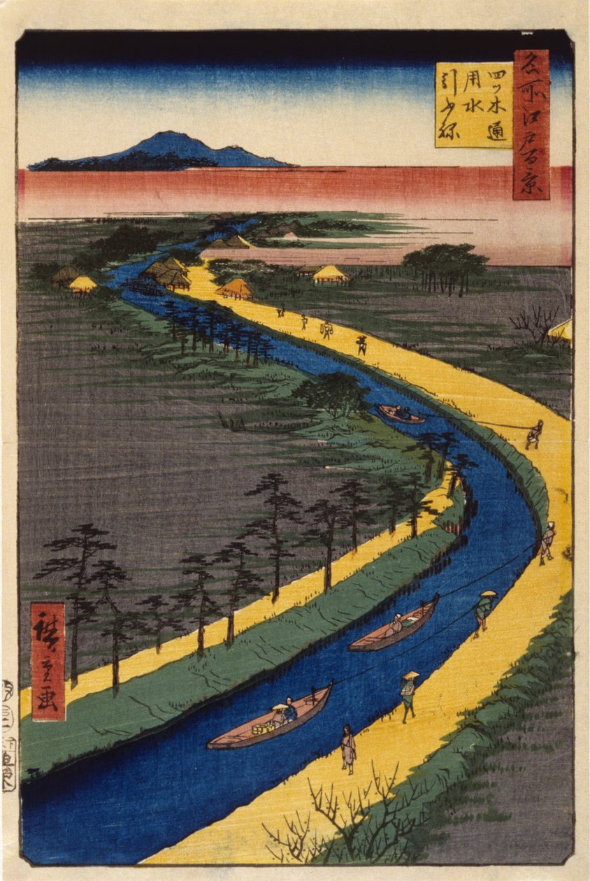 Yotsugidir Kanalında Römorkörler (renkli tahta baskı) by Ando or Utagawa Hiroshige