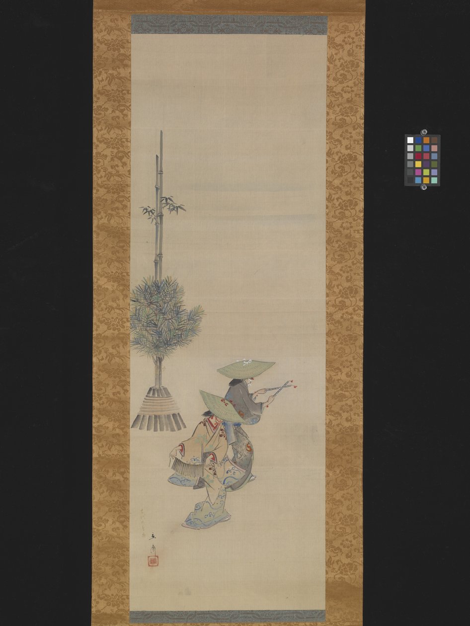 Dans Eden Şapkalı İki Kadın (ipek üzerine mürekkep ve renkli) by Ando or Utagawa Hiroshige