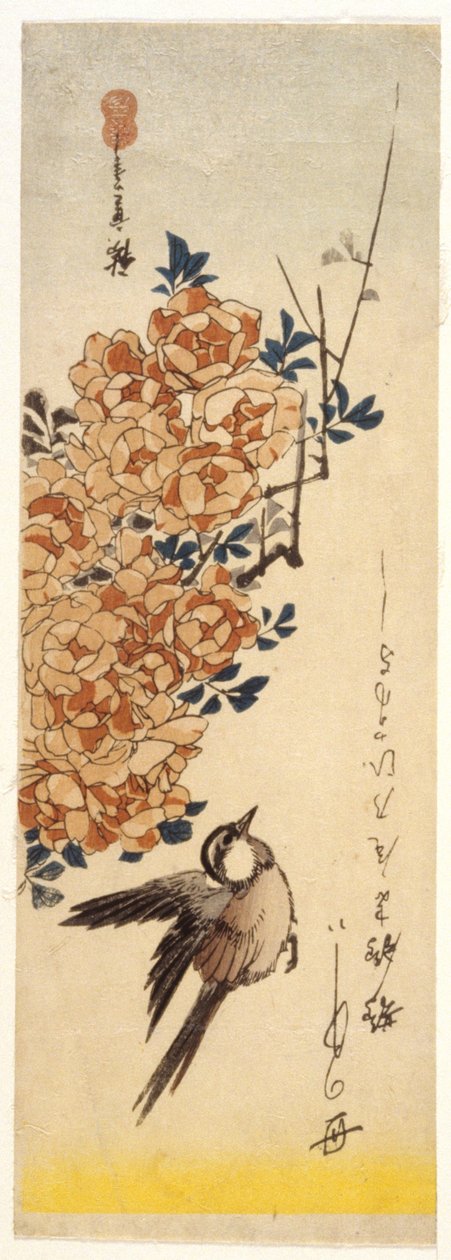 Kuyruksallayan ve Güller (renkli tahta baskı) by Ando or Utagawa Hiroshige