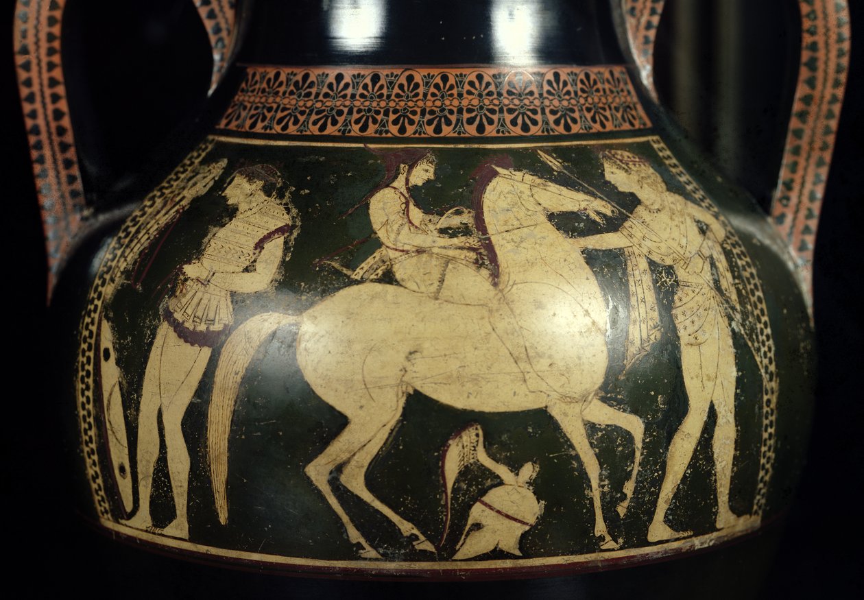 Savaşa hazırlanan amazonları betimleyen tavan arası beyaz figürlü amfora, MÖ 525-520 dolayları (seramik) (detay) by Andokides Painter