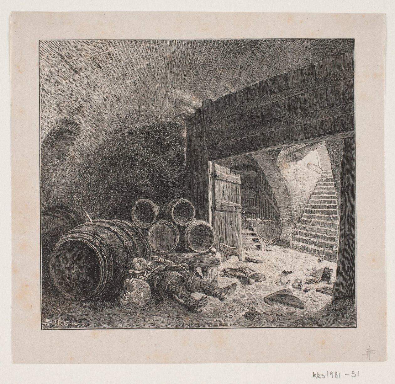 Sarhoş adam bir şarap mahzeninde sarhoş uyuyor by André Bork