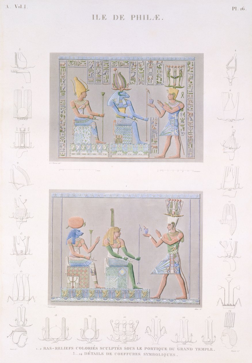 Sembollerin detayları ile Büyük Tapınağın portikosuna oyulmuş renkli taban kabartmaları, Philae Adası, Allais tarafından oyulmuş, 1822 (aquatint) 'Mısır'ın Açıklamaları' Cilt I'den plaka 16 by Andre Dutertre