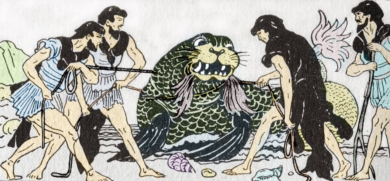 Odyssee d'Homere: "Truva Savaşı'ndan dönen Menelas, arkadaşlarıyla birlikte Pharos adasında tanrı Protee'yi ele geçirdi"" (Homer Odyssey: "" Menelaus ve arkadaşları, Truva'dan döndüklerinde tanrı Proteus'u yakal by Andre Bonamy