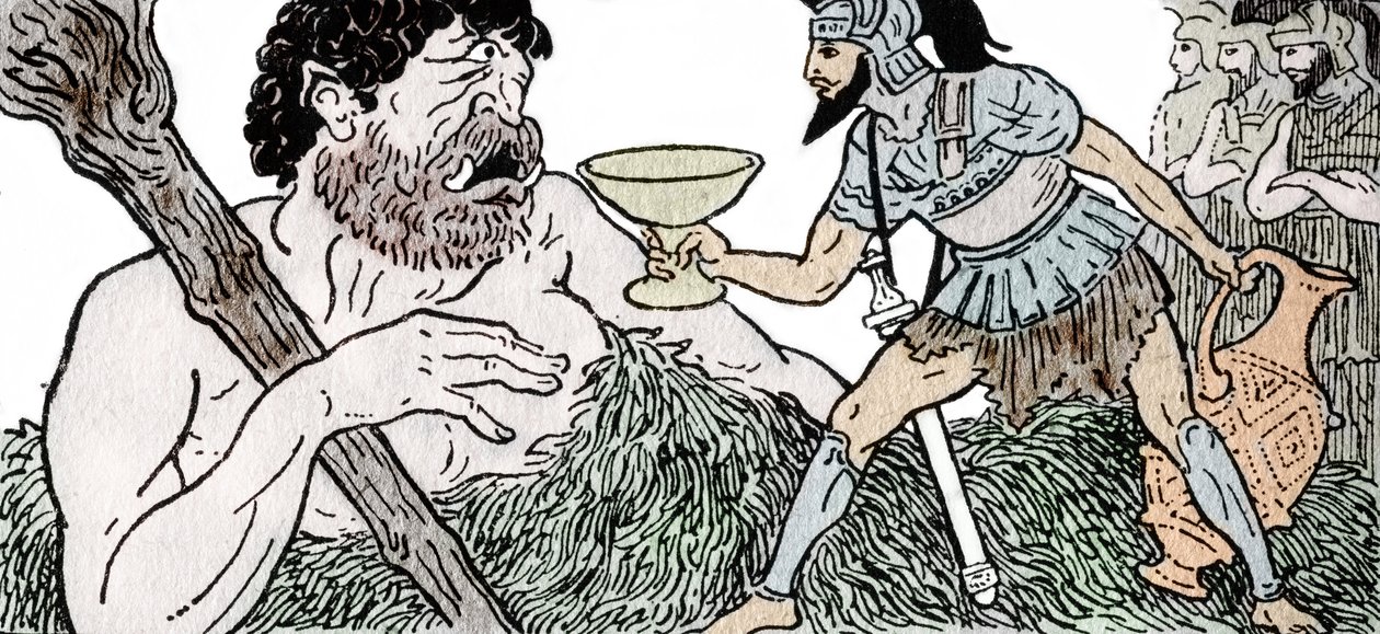 Odyssee d'Homere: “Homeros'un Odysseia'sı: Odysseus Cyclops Polyphemus'a bir bardak şarap sunuyor” Jean Baptiste Coissac'ın “Le retour d'Ulysse” adlı eserinde Andre Bonamy'nin (1880-1943) çizimi by Andre Bonamy