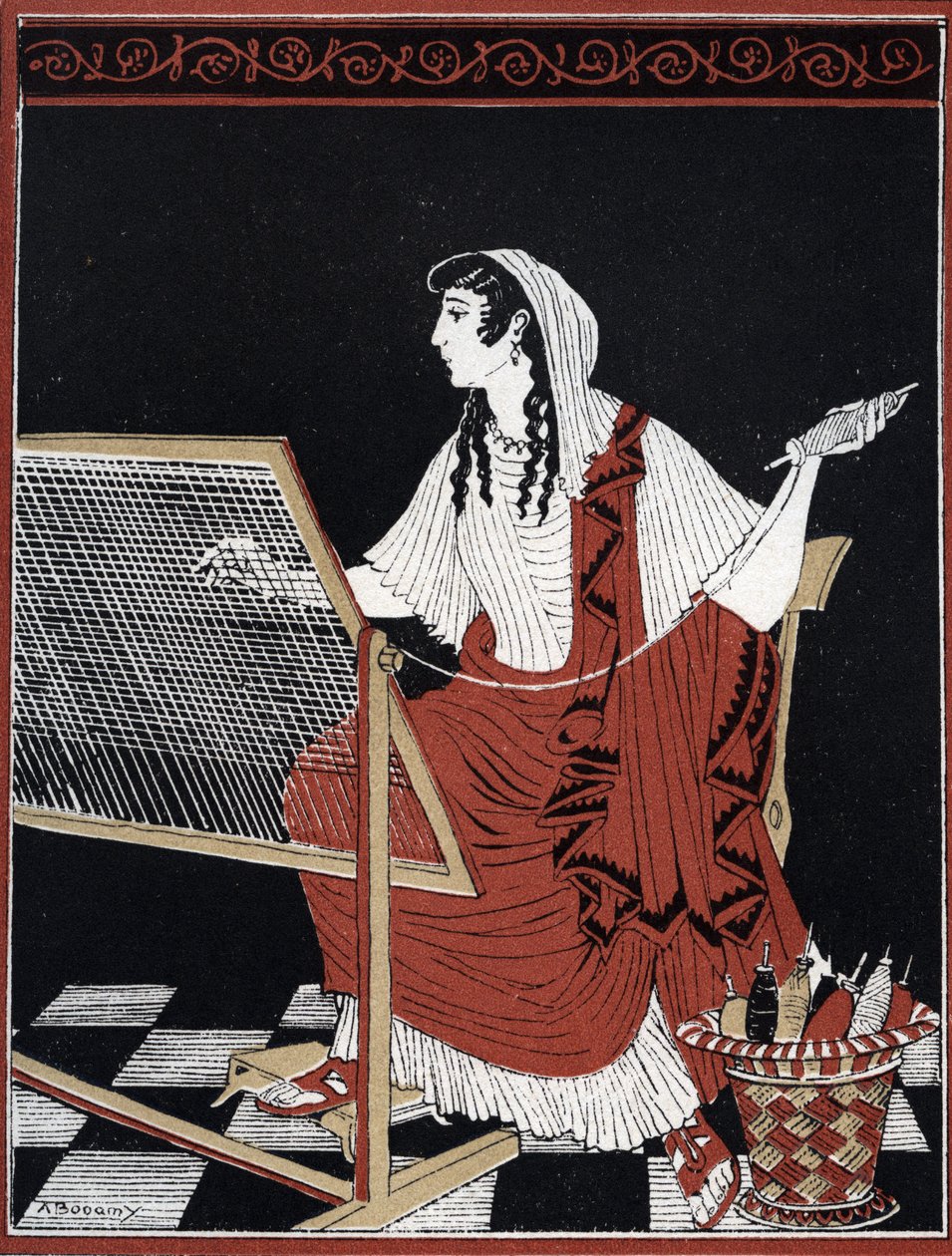 Odyssee d'Homere: Penelope, Homeros'un Odysseia'sı: Penelope, Odysseus'un dönüşünü beklerken tezgâhındaki gobleni sürekli çözüp yeniden yapıyor) Jean Baptiste'nin “Le retour d'Ulysse” adlı eserinde Andre Bonamy'nin (1880-1943) ç by Andre Bonamy