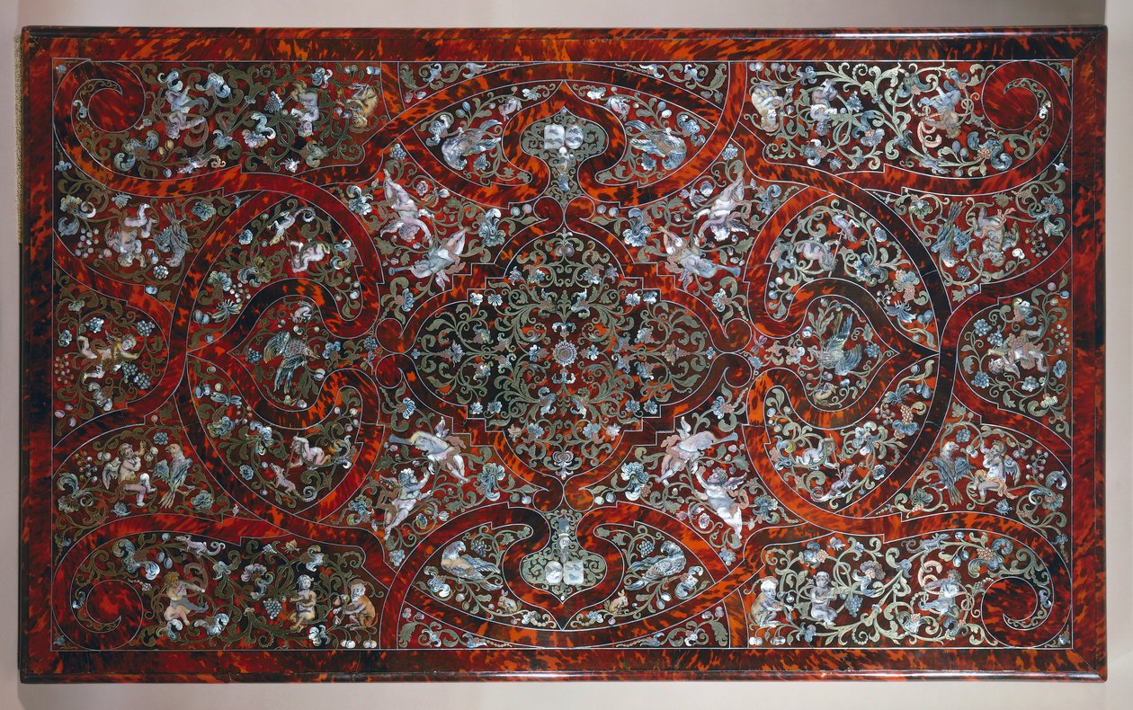 Andre-Charles Boulle tarzında kaplanmış üst, oymalı ve yaldızlı masanın detayı, imzalı P van Loose ve M Verbiest, Hollanda by Andre Charles Boulle