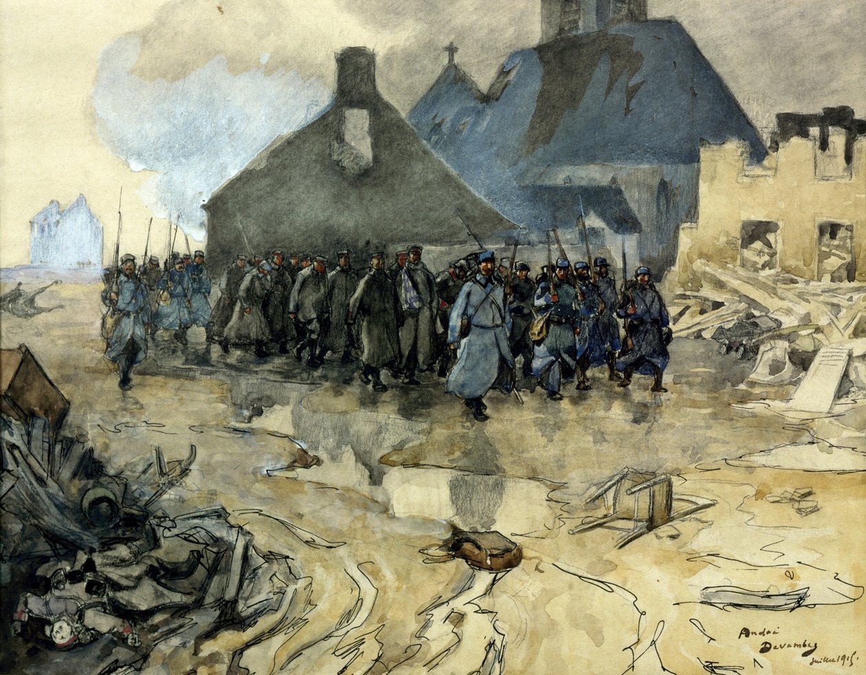Birinci dünya savaşı: devriyenin dönüşü, Temmuz 1915 (eau forte) by Andre Devambez
