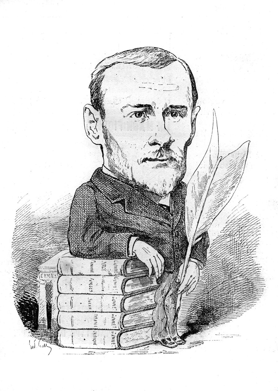 Georges Ohnet (1848-1918), kitapları ve kalemi ile temsil eden Fransız yazar tarafından çizilen karikatür. Andre Gill