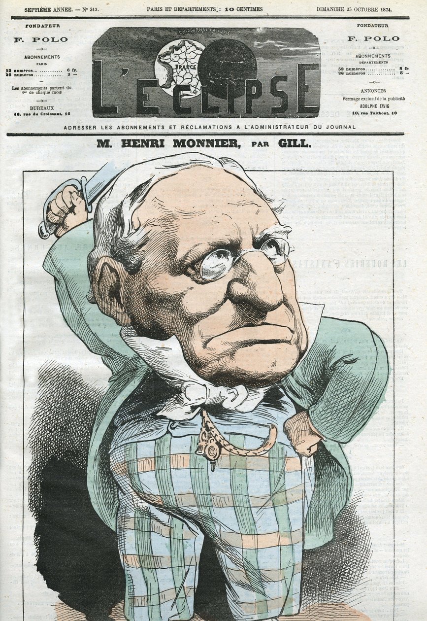 Karikatür Henri Monnier (1799-1877), Fransız oyun yazarı, karikatürist, oyuncu. Gill'in 25 Ekim tarihli “” L'Eclipse”” kapağı by Andre Gill