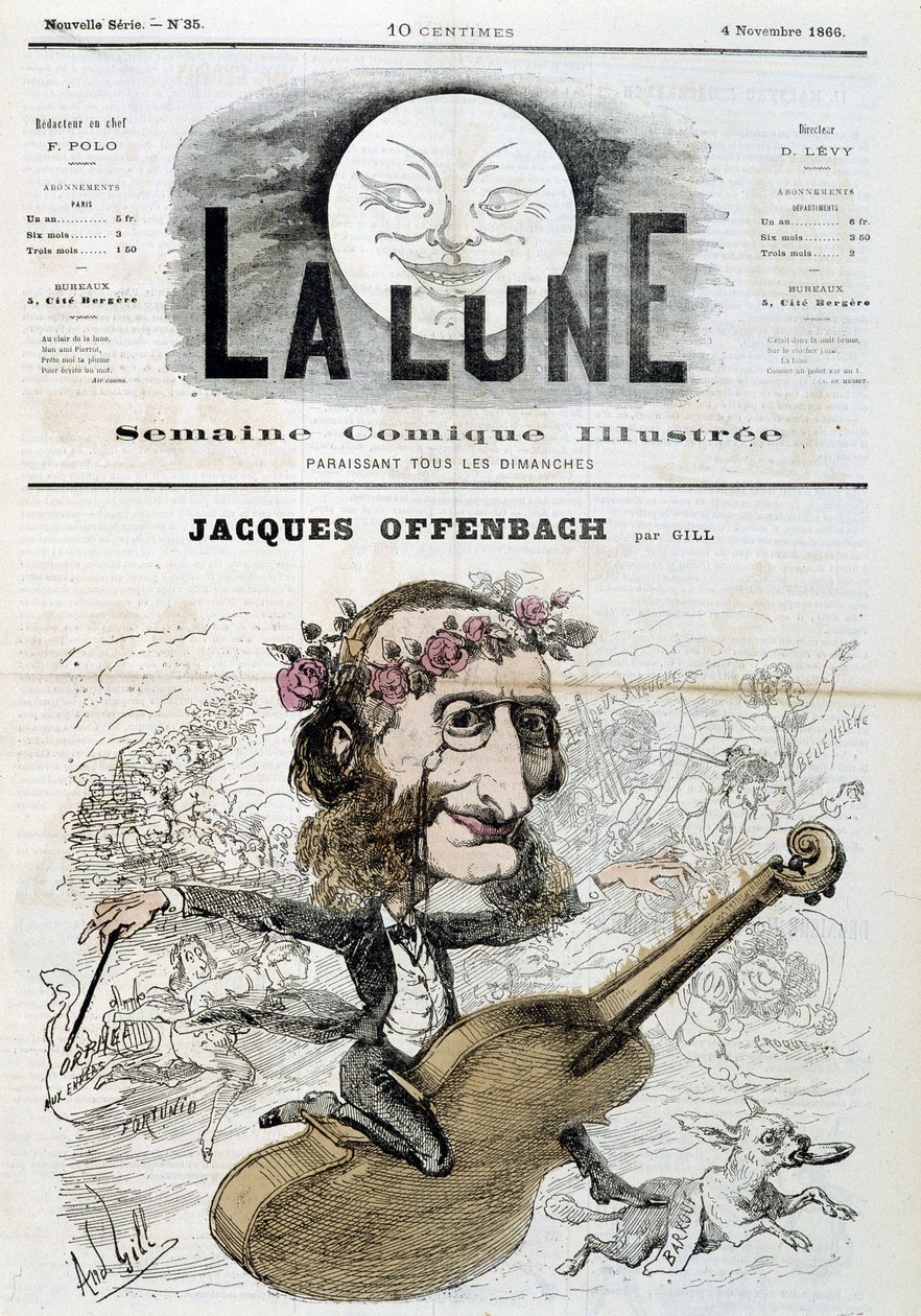 Çizgi film Jacques Offenbach (1819 - 1880), keman sürmek - Gill tarafından 04/11/1866 tarihli “” La Lune”de by Andre Gill