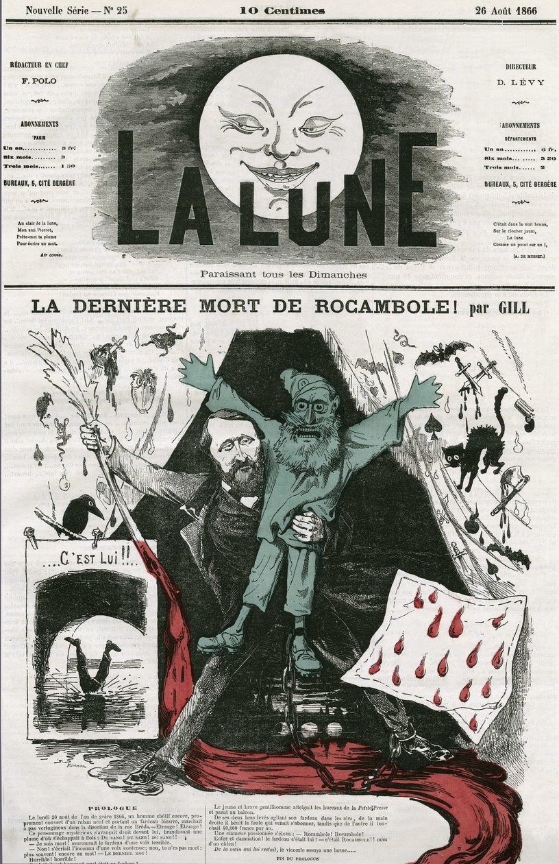 “La last mort de Rocamole” karikatürü ve yazarı Pierre Alexis Ponson du Terrail (1829-1871). Gill