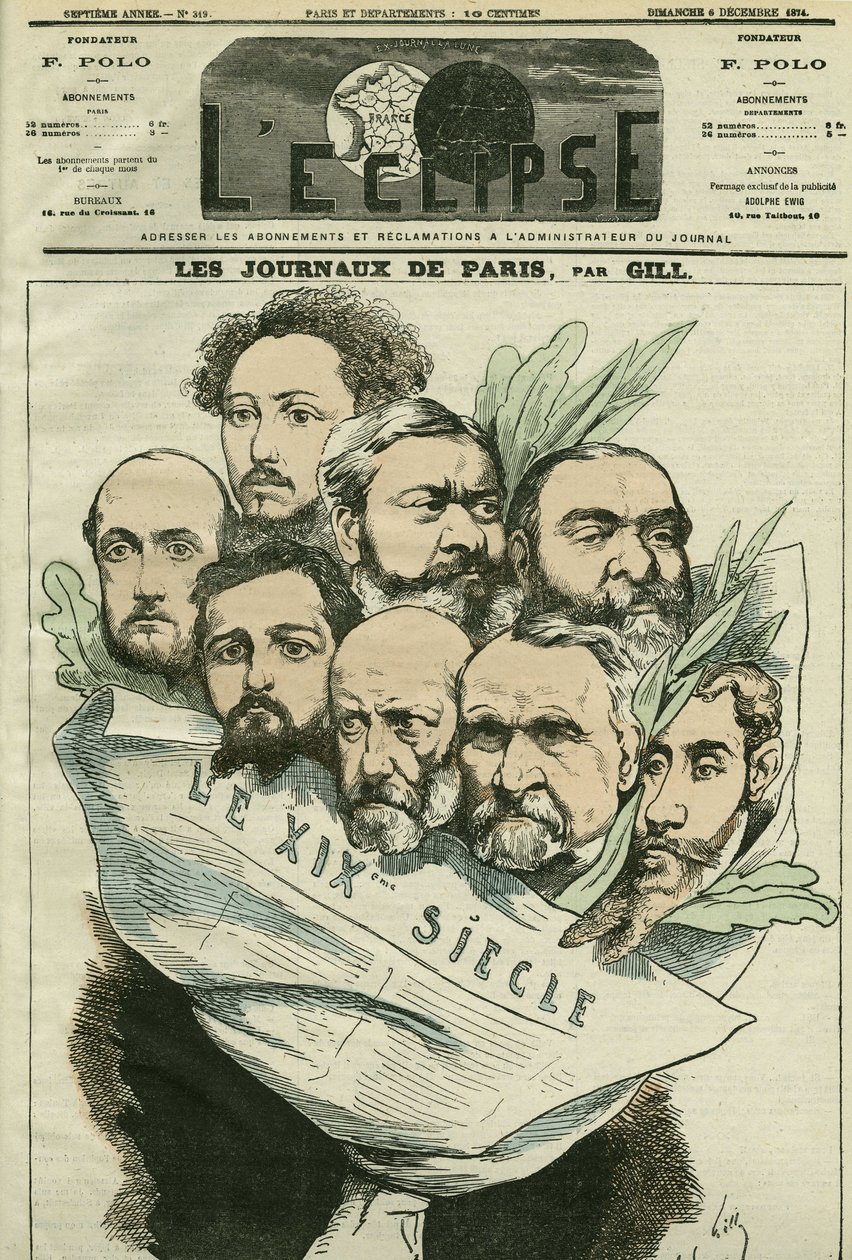 Fransız edebiyatçı Edmont About (1828-?) tarafından yönetilen “Le XIXe siècle” gazetesi ekibinin karikatürü. Gill