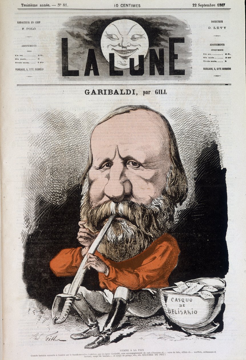 Giuseppe Garibaldi (1807-1882), barışın marşı - Gill tarafından, 22/09/1867 tarihli “Ay” da by Andre Gill