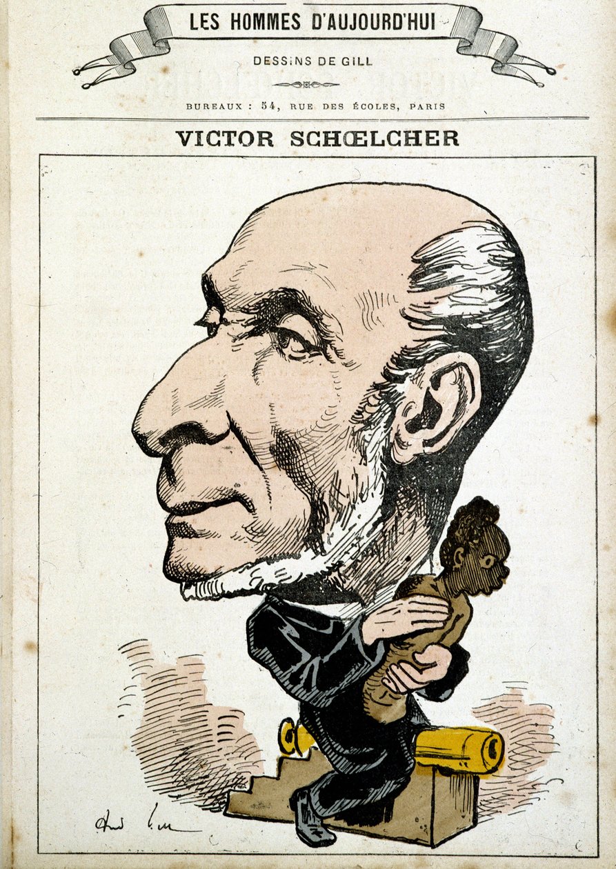 Victor Schoelcher ve köleliğin kaldırılması üzerine mizahi çizim - Gill tarafından, “Bugünün Adamları”nda by Andre Gill